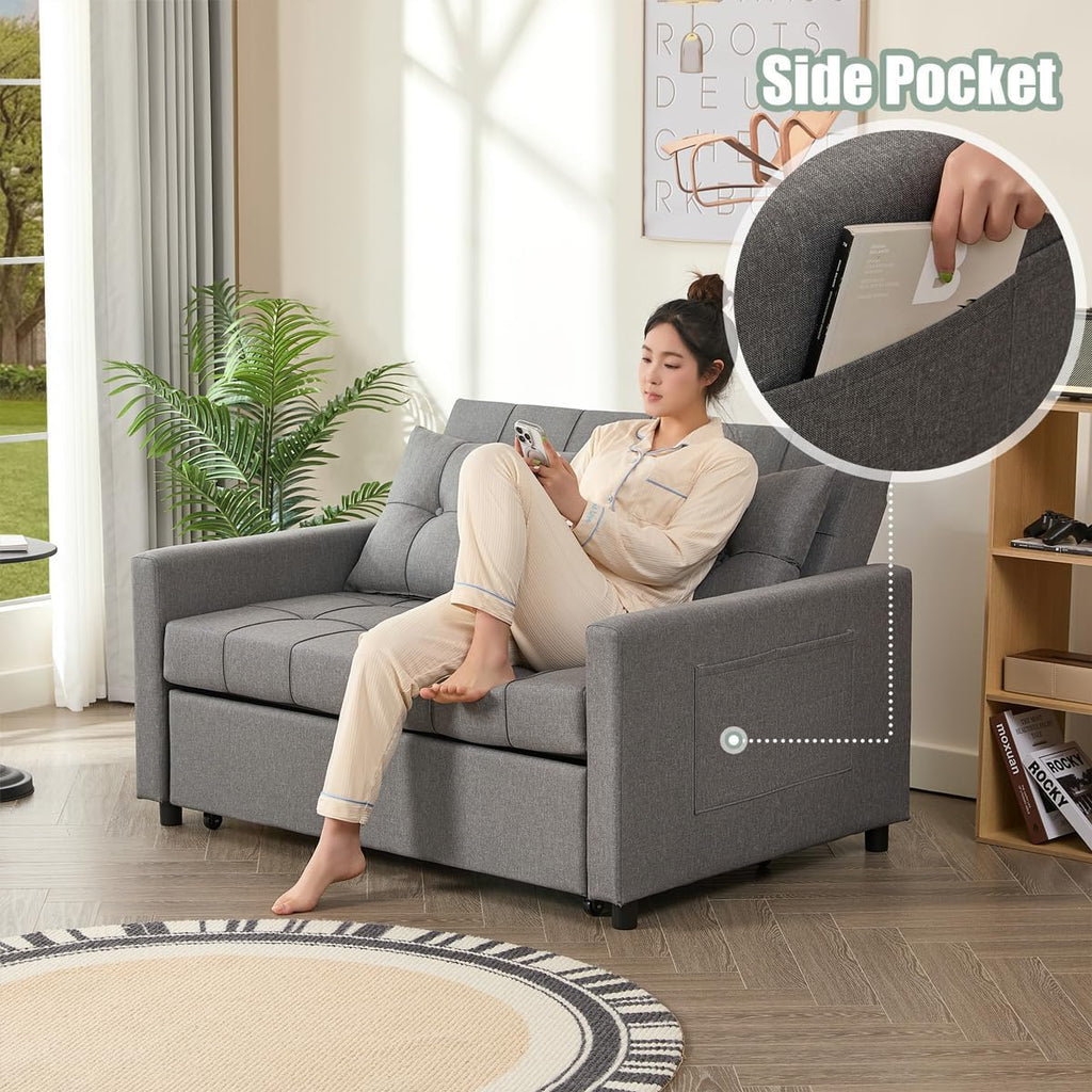 GOSUHI 52" 3-in-1 Convertible Sleeper Sofa Bed, Linen, Light Gray | Pull-Out Bed, Stepless Adjustable Backrest, Side Pocket, Compact Loveseat, Living Room, Dorm & Apartment