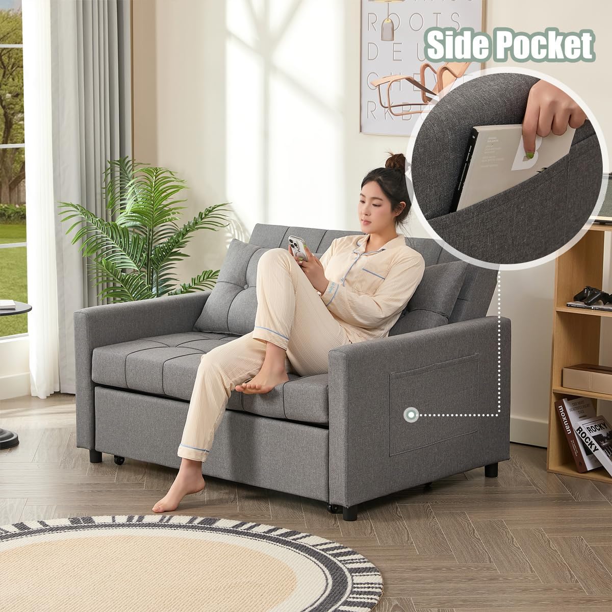 GOSUHI 52" 3-in-1 Convertible Sleeper Sofa Bed, Linen, Light Gray | Pull-Out Bed, Stepless Adjustable Backrest, Side Pocket, Compact Loveseat, Living Room, Dorm & Apartment
