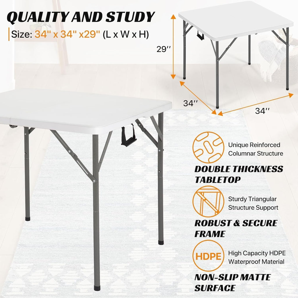 34" Square Folding Table, Portable Plastic Table No Assembly Needed, Fold-in-Half Design with Handle for Indoor Outdoor, Camping, Events, Banquets - White