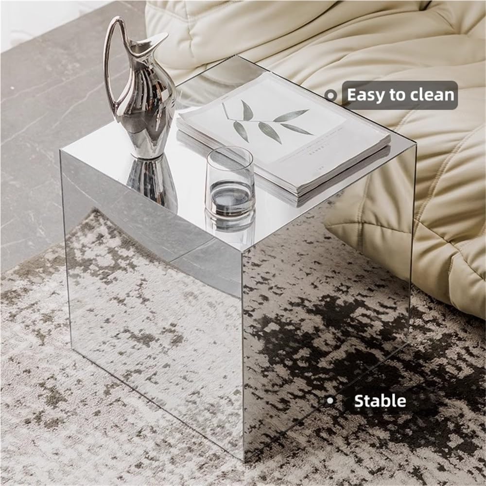 Mirrored Acrylic Cube End Table, Modern Square Side Table, Light Small Accent Night Stand for Living Room, End Table for Home Decor, Photography Props and Art Display(Silver,30cm/11.8in)