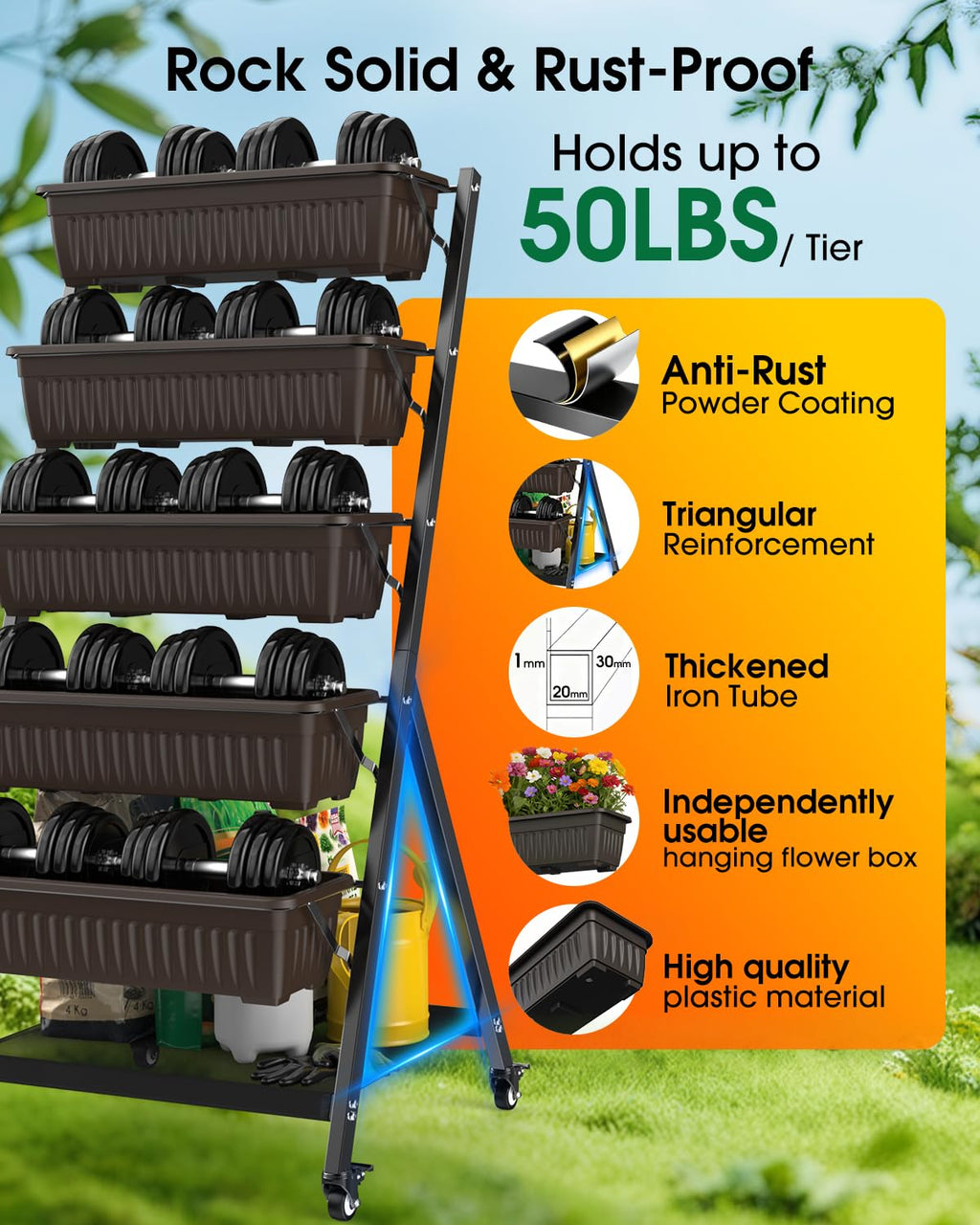 Olaiti 5-Tier Vertical Garden Bed Planter Boxes with Wheels, Drainage System & Storage Space, Mobile Vertical Garden Planter with 5 S-Hooks for Plants Vegetables Flowers Herbs in Garden Patio Yard
