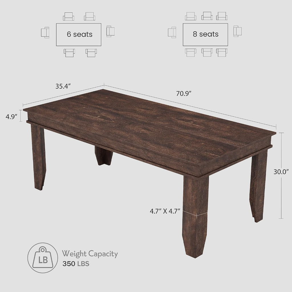 GarveeHome Farmhouse Dining Table for 6-8 People, 71 in Long Kitchen Tables with Wooden Sturdy Frame, 6 ft Large Rectangular Dinner Table for Dining Room, Kitchen, Dark Walnut, 71" Non-extendable