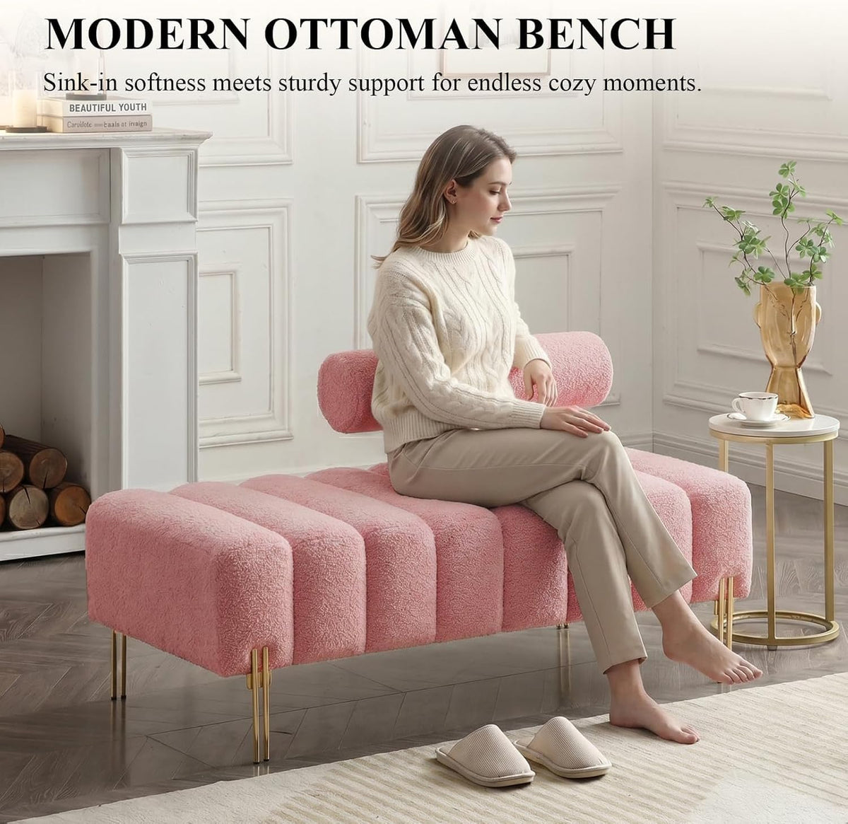 Ottoman Bench, Loveseat Sofa Couch with Adjustable Backrest | 53.2" Accent Sofa, Teddy Upholstered, Metal Legs, 400LBS Weight Capacity, End of Bed Bench for Bedroom, Rose-Teddy