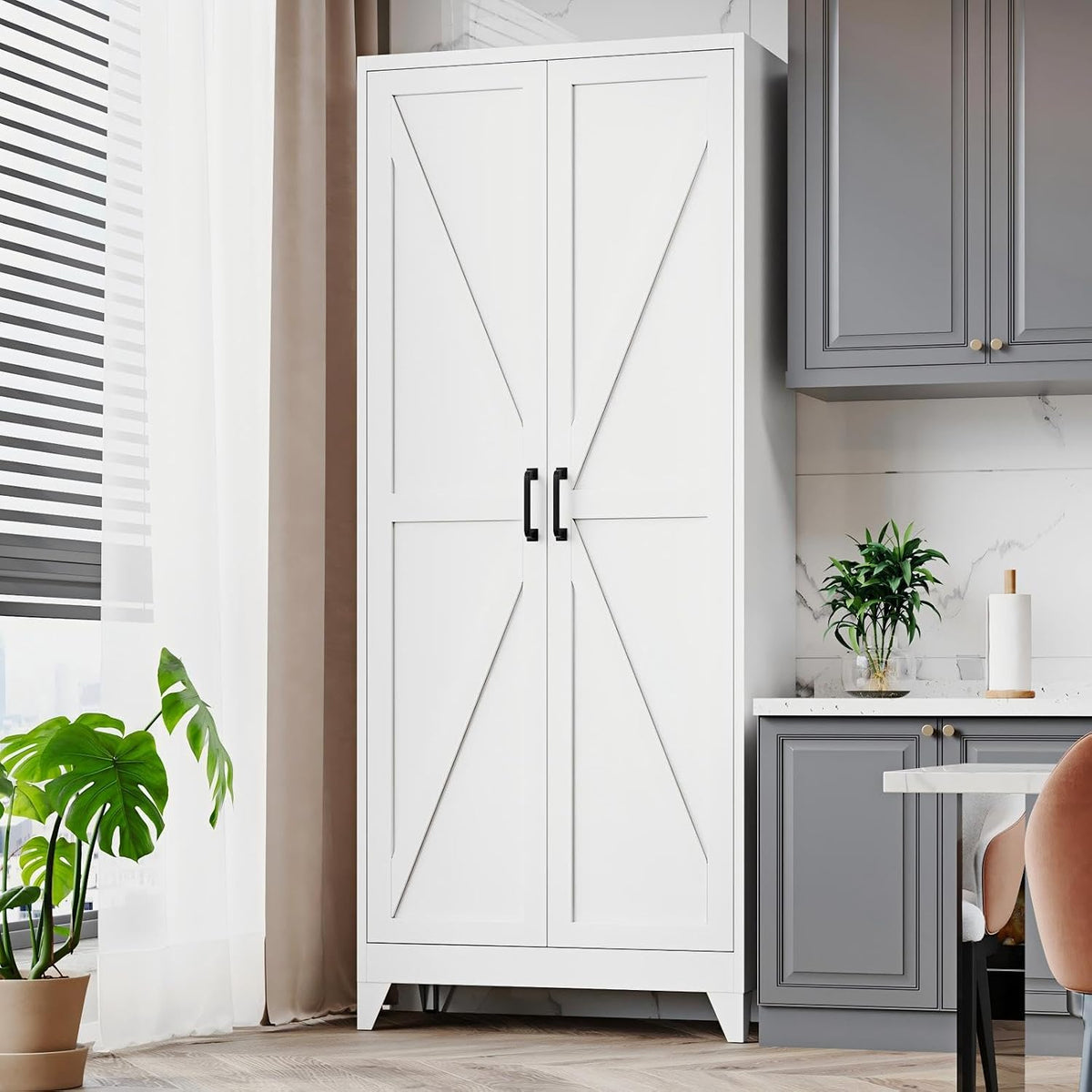 PEUKC 75" Farmhouse Metal Storage Cabinet with Doors and 4 Adjustable Shelves, Large Pantry Organizer for Kitchen, Dining Room, and Living Room,Assemble Require(White)