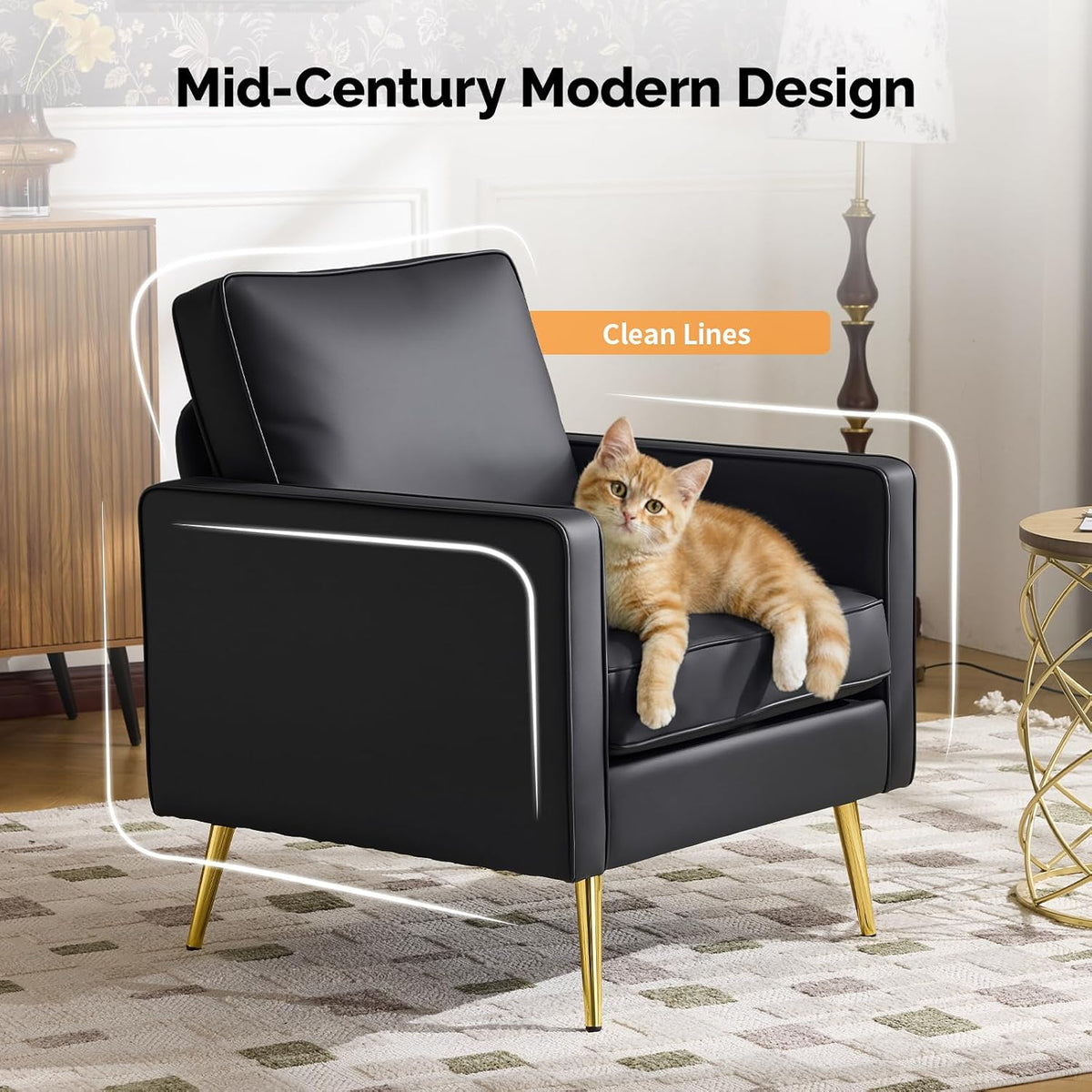 VINGLI Faux Leather Accent Chairs Set of 2 with Gold Legs for Living Room | Brown Armchair, Thick Foam Cushion, Durable Faux Leather PU, Sturdy 380 LB Frame, Elegant Gold Legs, Compact Modern Design