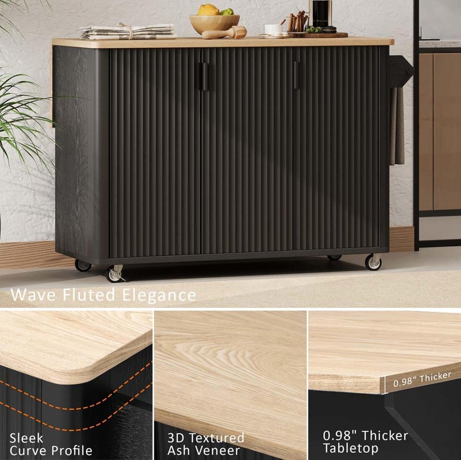 Kitchen Island with Drop Leaf with Drop Leaf Height-Adjustable Shelves, Farmhouse Kitchen Island with Wheels Towel Rack， for Kitchen, Dining Room, Black