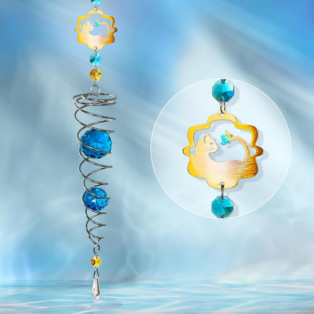 FONMY Cat Gazing Ball Spiral Tail Wind Spinner Sun Catcher Rainbow Maker Silver Spiral W/Blue K9 Crystal Ball Tree Hanging Ornament Indoor Outdoor Garden Decor. 19.5inch H