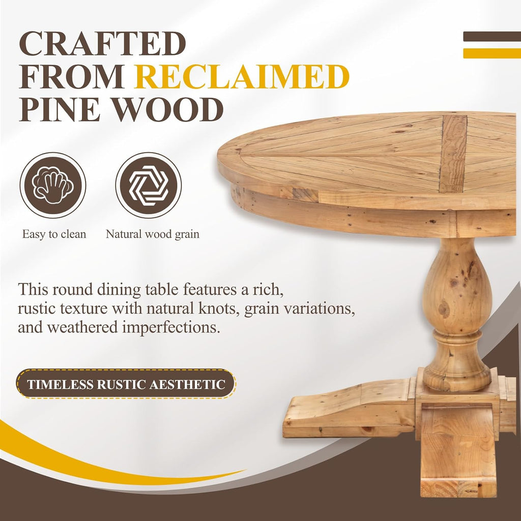 47" Round Dining Table with Wooden Pedestal Base, Reclaimed Pine Wood Dinner Table for 4, Heavy Duty Pedestal Table for Kitchen/Dining Room/Living Room/Restaurant, Natural