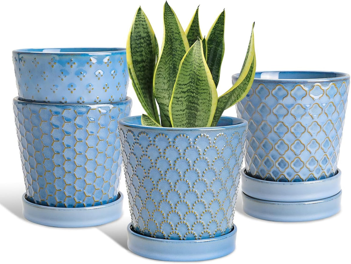 Plant Pots, 5 Inch Pots for Indoor Plants, Planters with Drainage Hole and Saucer, Ceramic Flower Pots Desktop Office Windowsill Decoration Gift Set of 4 - Sky Blue