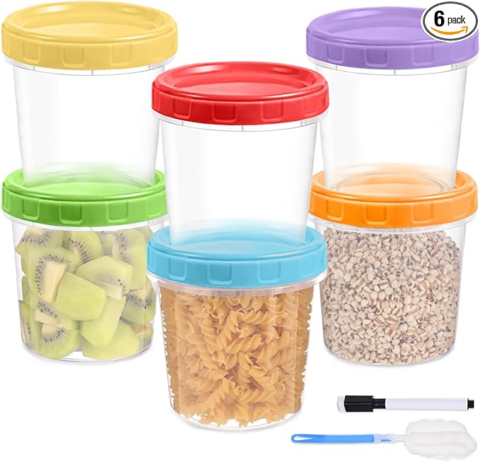 32 oz Plastic Containers with Lids, 6 Pack Stackable Freezer Soup Container, Reusable Clear Food Storage Meal Prep Containers for Snack Fruit, Microwave & Dishwasher Safe, with Pen & Brush