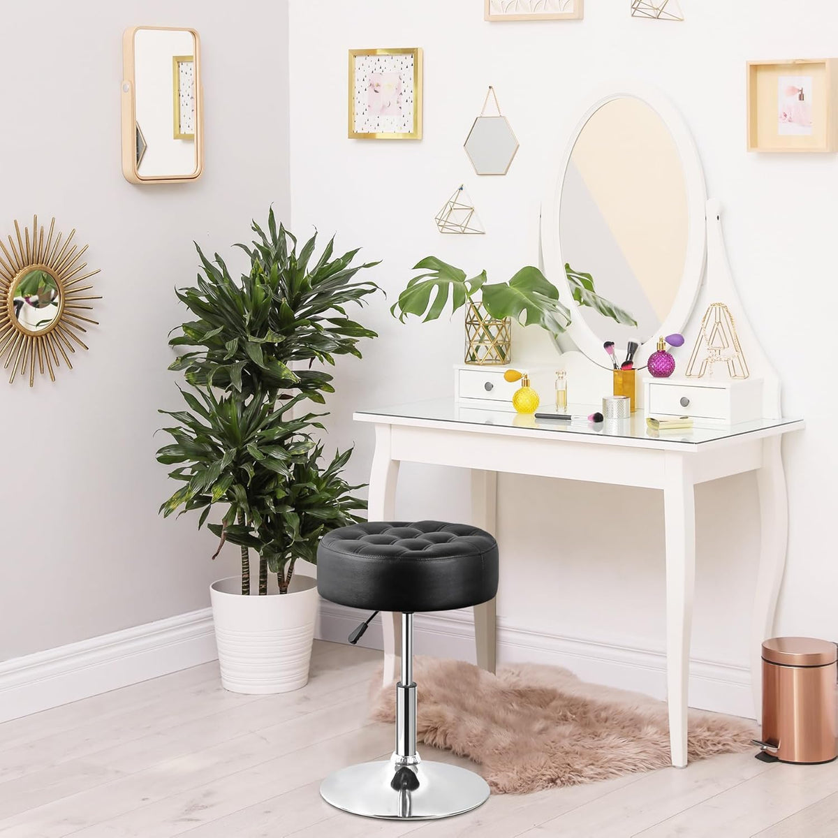 SUPER DEAL Vanity Stools for Makeup, Vanity Ottoman Chair with Adjustable Height and 360° Swivel for Makeup Room Bedroom Living Room, Black