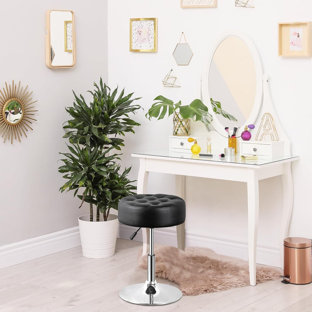 Nova Microdermabrasion Vanity Chair Stool Modern Tufted Round Ottoman Stool Swivel Makeup Chair for Bathroom Bedroom Living Room (Black)