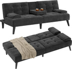 Shintenchi 64" Futon Sofa Bed, Velvet Foldable Couch, Upholstered Loveseat Sofa Couch with Folding Cup Holders, Reclining Sleeper with Removable Armrests for Home, Office, Black