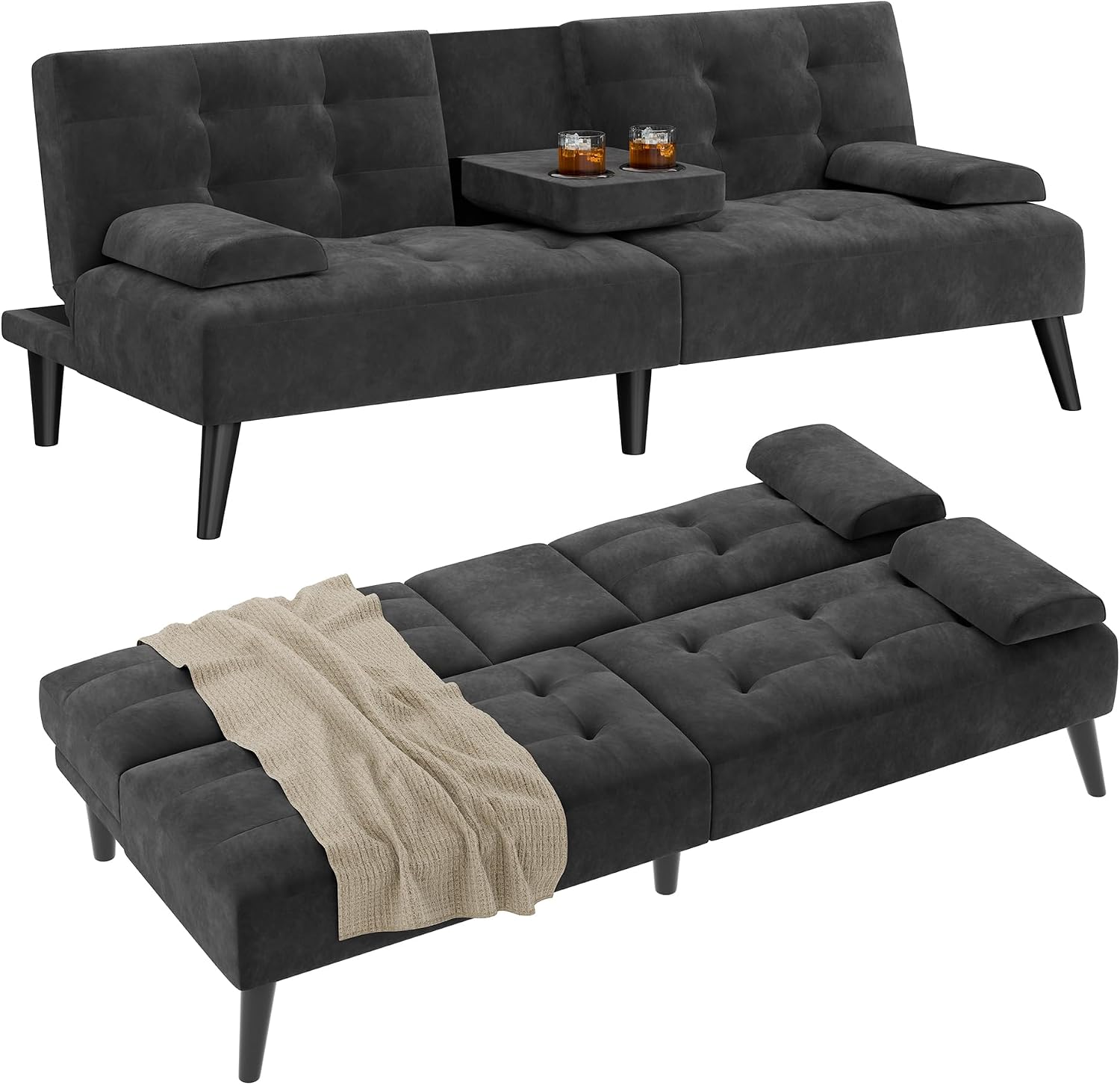 Shintenchi 64" Futon Sofa Bed, Velvet Foldable Couch, Upholstered Loveseat Sofa Couch with Folding Cup Holders, Reclining Sleeper with Removable Armrests for Home, Office, Black