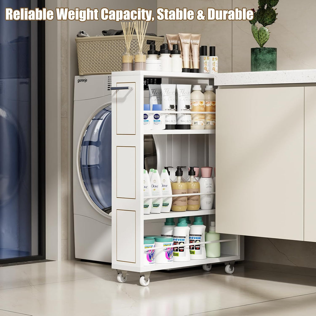 KLM 4 Tier White Slim Storage Cart with Handle, Slide Out Storage Rolling Utility Cart for Kitchen, Laundry, Narrow Places-6.7" W