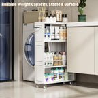 KLM 4 Tier White Slim Storage Cart with Handle, Slide Out Storage Rolling Utility Cart for Kitchen, Laundry, Narrow Places-6.7" W