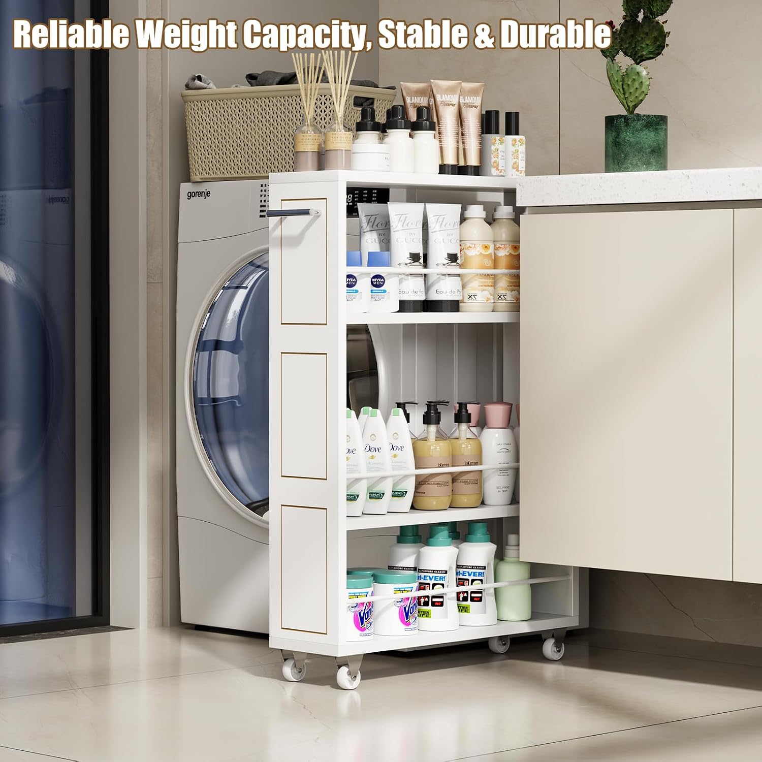 KLM 4 Tier White Slim Storage Cart with Handle, Slide Out Storage Rolling Utility Cart for Kitchen, Laundry, Narrow Places-6.7" W