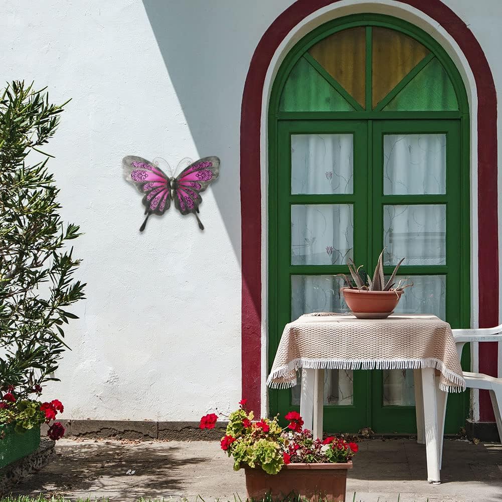 LIFFY Metal Butterfly Wall Art - 12" Glass Outdoor Wall Decor - Hanging Garden Decorations Outside - Metal Wall Art for Yard Fence Patio