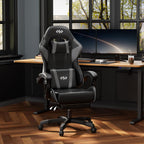 HLDIRECT Gaming Chair with Footrest, Lumbar Support & Headrest, Black&Grey | Ergonomic, 90°-135° recline, adjustable height & 360° swivel, PU leather and 45D foam, for adult gaming, work & relaxing