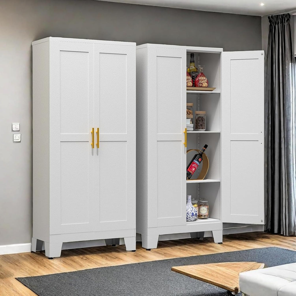 Metal Storage Cabinet with Doors and Shelves, 61" Tall Kitchen Pantry Storage Cabinet for Food, Large Freestanding Pantry Closet for Kitchen, Dining Room, Living Room (White)