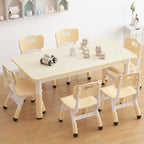 Kids Table and 6 Chairs Set, Height Adjustable Toddler Table and Chairs Set | Graffiti Desktop, Non-Slip Legs, Children Activity Table for for Ages 2-10 Daycare Classroom Home Preschool, Natural