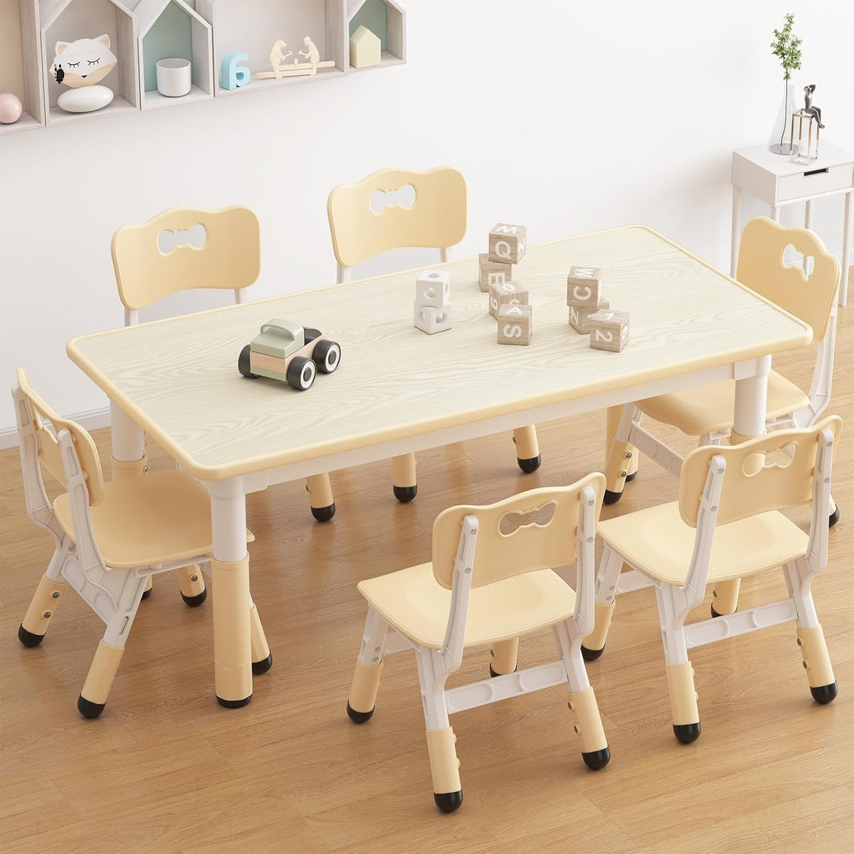 Kids Table and 6 Chairs Set, Height Adjustable Toddler Table and Chairs Set | Graffiti Desktop, Non-Slip Legs, Children Activity Table for for Ages 2-10 Daycare Classroom Home Preschool, Natural