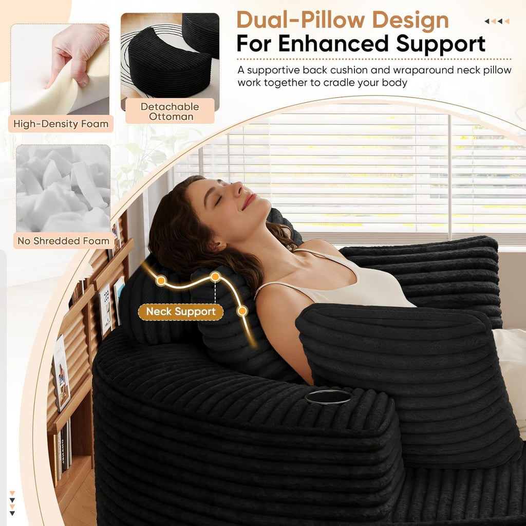 Oversized Round Chaise Longue Chair with Ottoman, Modern Corduroy Deep Seat Circle Single Cloud Floor Accent Chair w/Cup Holders for Living Room, Bedroom Apartment, 55" W * 74.6" D, Black