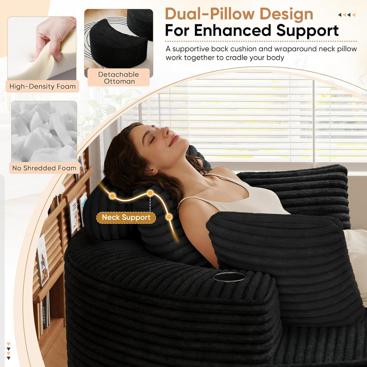 Oversized Round Chaise Longue Chair with Ottoman, Modern Corduroy Deep Seat Circle Single Cloud Floor Accent Chair w/Cup Holders for Living Room, Bedroom Apartment, 55" W * 74.6" D, Black