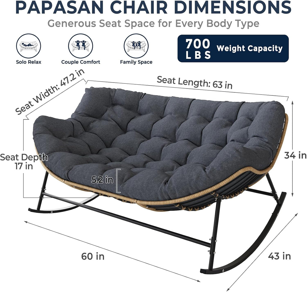 SWITTE Double Rocking Papasan Chair Outdoor, Indoor Oversized Wicker Egg Loveseat with Thick Cushion, Heavy Duty 2 Person Patio Lounge Rocker for Balcony, Porch, Indoor Bedroom, Dark Grey