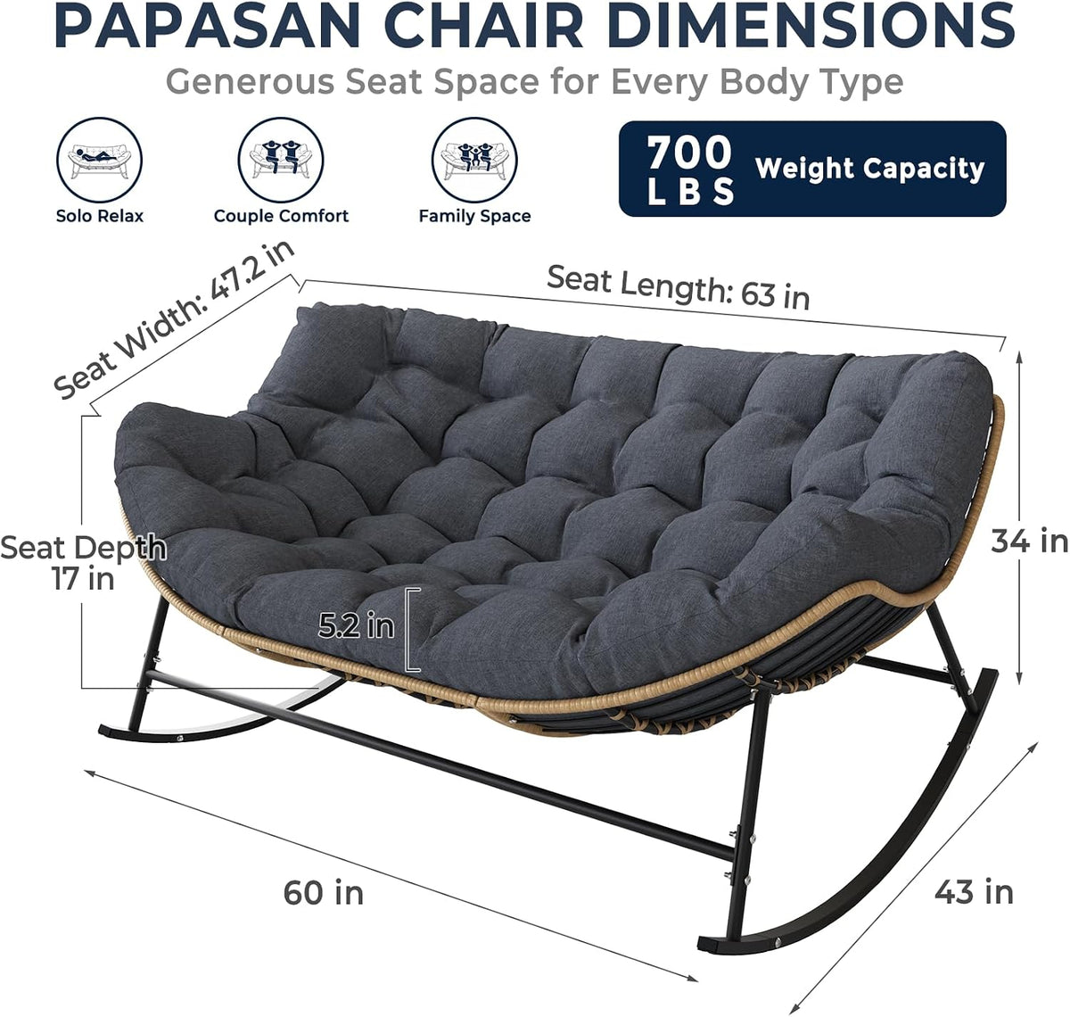 SWITTE Double Rocking Papasan Chair Outdoor, Indoor Oversized Wicker Egg Loveseat with Thick Cushion, Heavy Duty 2 Person Patio Lounge Rocker for Balcony, Porch, Indoor Bedroom, Dark Grey