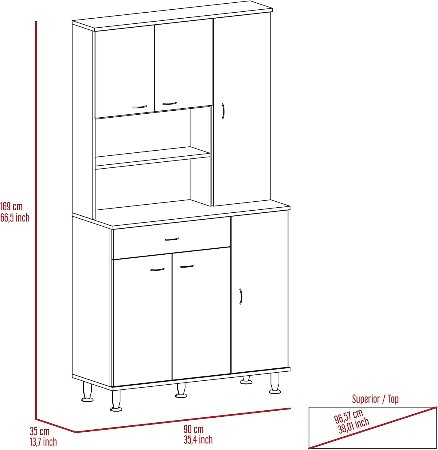 90 Kitchen Pantry, One Drawer, Multiple Cabinets, Two Open Shelvess -White