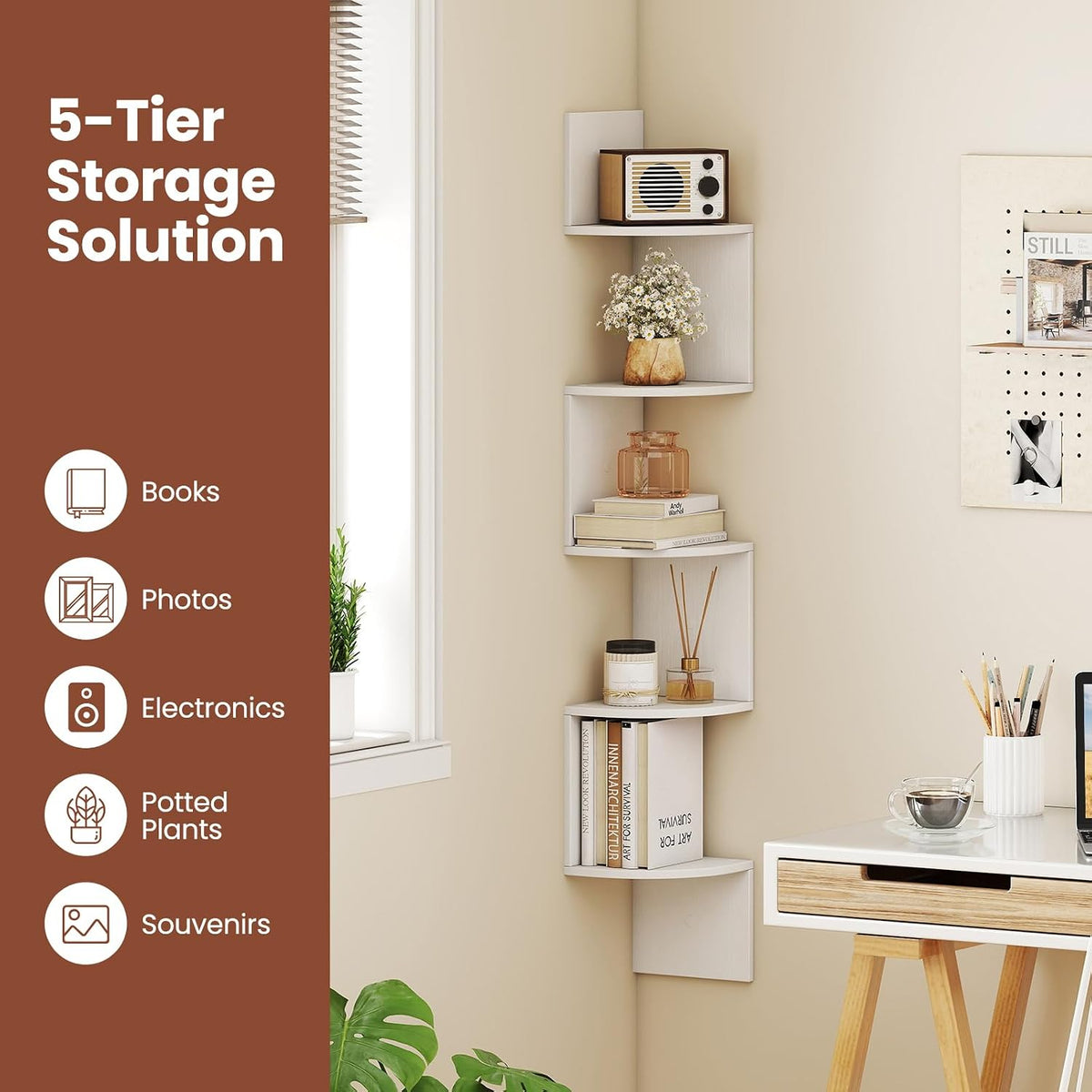 GIANTEX Corner Shelf Wall Mounted Set of 2, 5-Tier Floating Corner Bookshelf, Home Storage Organizer, Wooden Display Stand Rack for Wall, Plant Shelf for Living Room, Bedroom, Kitchen, White