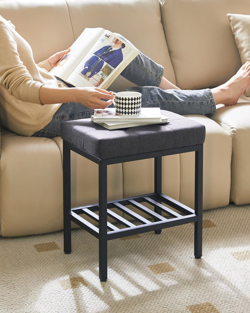 IBUYKE Rectangular Makeup Stool, Linen Seat Vanity Chair, Dark Gray WBD017G | Adjustable Feet Storage Space Footrest Multi-Use Small Side Table Ottoman Bedroom