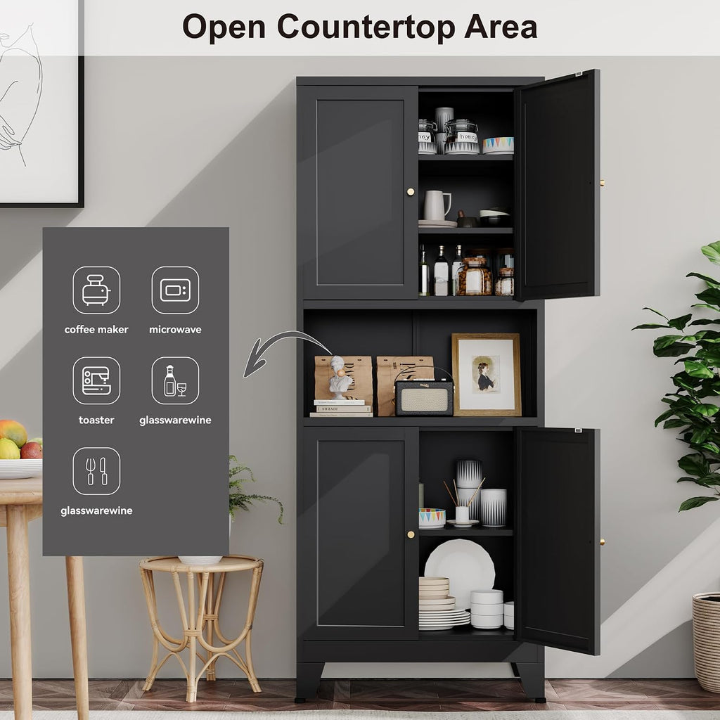 YAUWOH 69" Tall Metal Pantry Cabinet with Microwave Shelf, 4 Doors & 3 Adjustable Shelves, 120LBS Per Shelf Heavy Duty Storage Cabinet with Anti-Tip Design for Kitchen,Dining Room (1PC,Black)