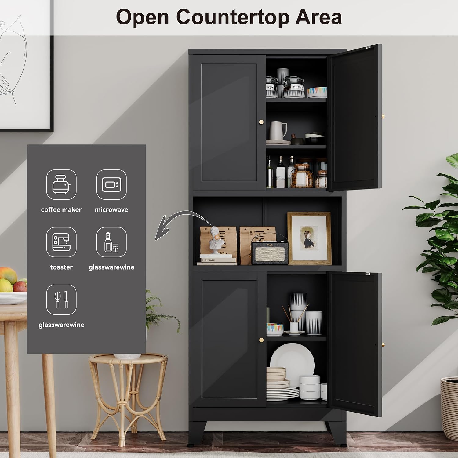 YAUWOH 69" Tall Metal Pantry Cabinet with Microwave Shelf, 4 Doors & 3 Adjustable Shelves, 120LBS Per Shelf Heavy Duty Storage Cabinet with Anti-Tip Design for Kitchen,Dining Room (1PC,Black)