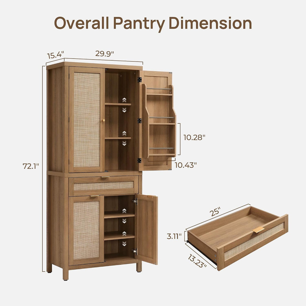 SICOTAS 72 inch Rattan Buffet Cabinet with Drawer, 4 Doors : Pantry Cabinet | 3 Pieces Tall Storage Cabinet, Farmhouse Boho Freestanding Cupboard Pantry with Storage for Living Room, Dining Room