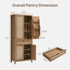 SICOTAS 72 inch Rattan Buffet Cabinet with Drawer, 4 Doors : Pantry Cabinet | 3 Pieces Tall Storage Cabinet, Farmhouse Boho Freestanding Cupboard Pantry with Storage for Living Room, Dining Room