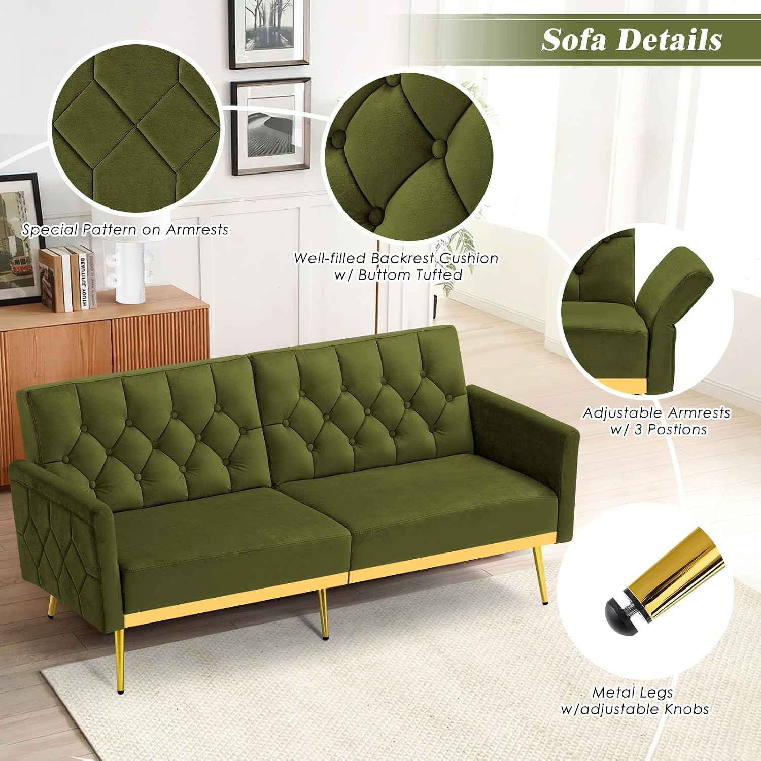 Velvet Sofa Set w/Adjustable Armrests & Backrests, Olive Green | Tufted Accent Chair w/Ottoman & Convertible Futon Sofa Bed, 2 Pieces Comfortable Couch Set for Living Room, Apartment