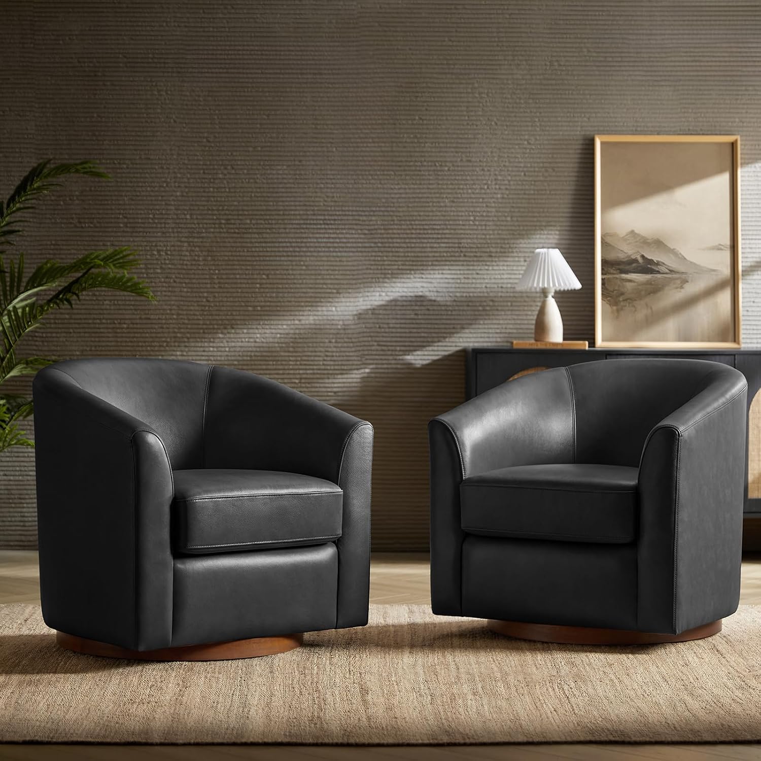 HULALA HOME Genuine Leather Swivel Barrel Accent Chairs Set of 2, Black | Transitional Round Swivel Accent Chair with Solid Wood Base, No Assembly Required, for Living Room Bedroom Reading Relaxation