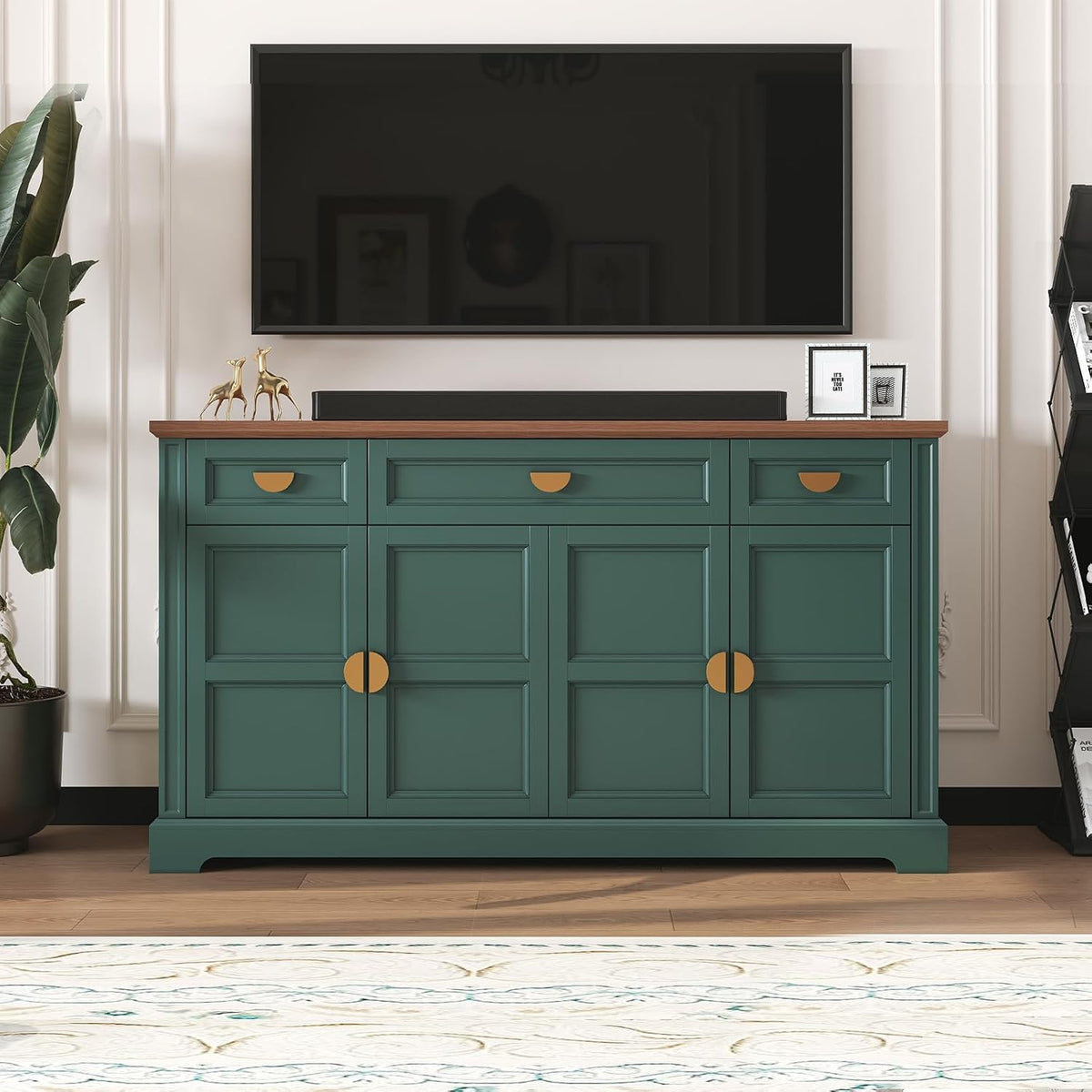 HLR 60” Large Buffet Sideboard Cabinet with 4 Doors and 3 Drawers Shaker Style, Coffee Bar Storage Cabinet for Dinning Room, Kitchen, Living Room, Green