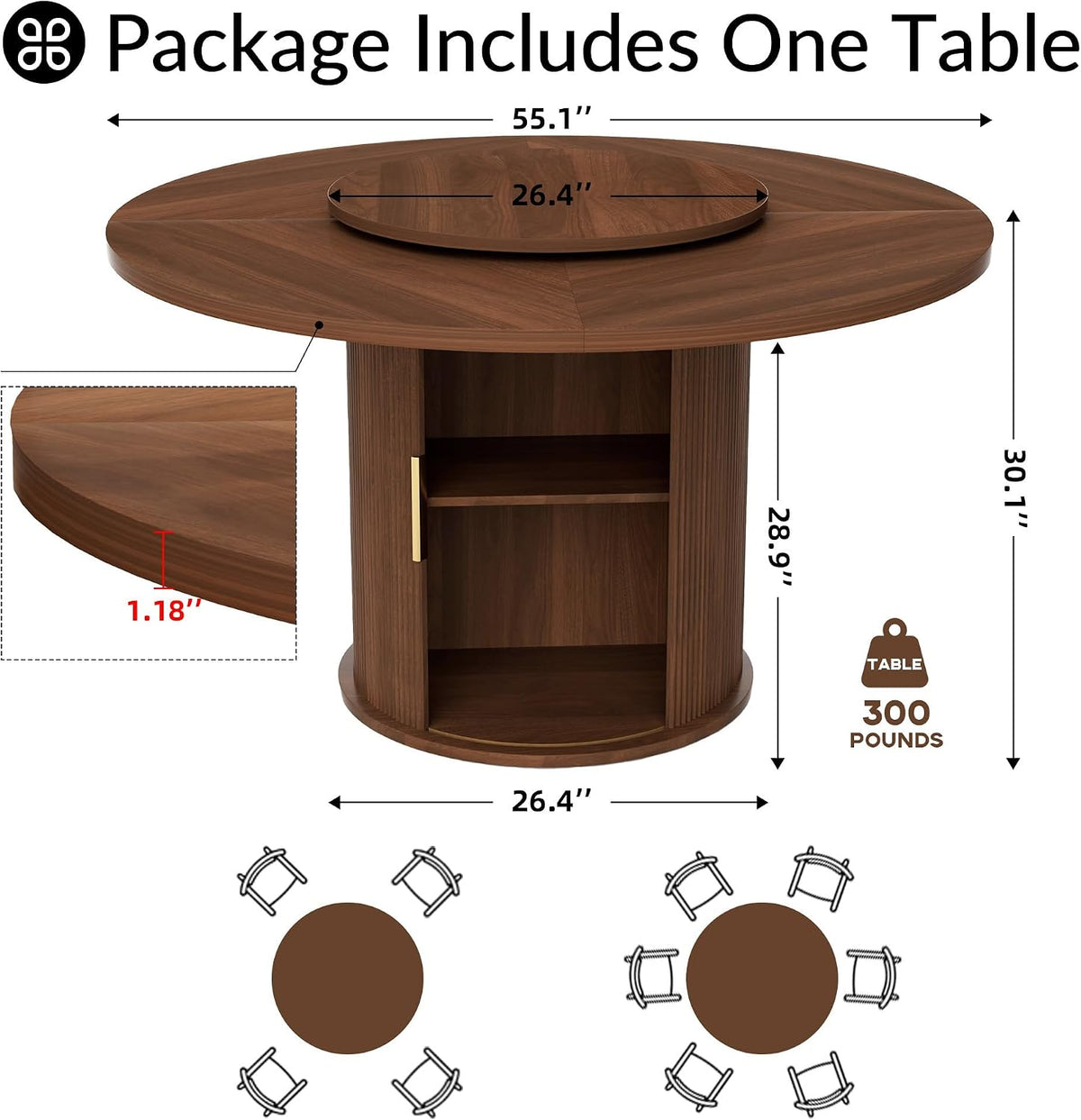 55.1 Inch Round Dining Table for 4-6, Modern Kitchen Table with Storage, Circle Dining Room Table with Wooden Pedestal Base for Living Room, Dining Room & Kitchen, Walnut