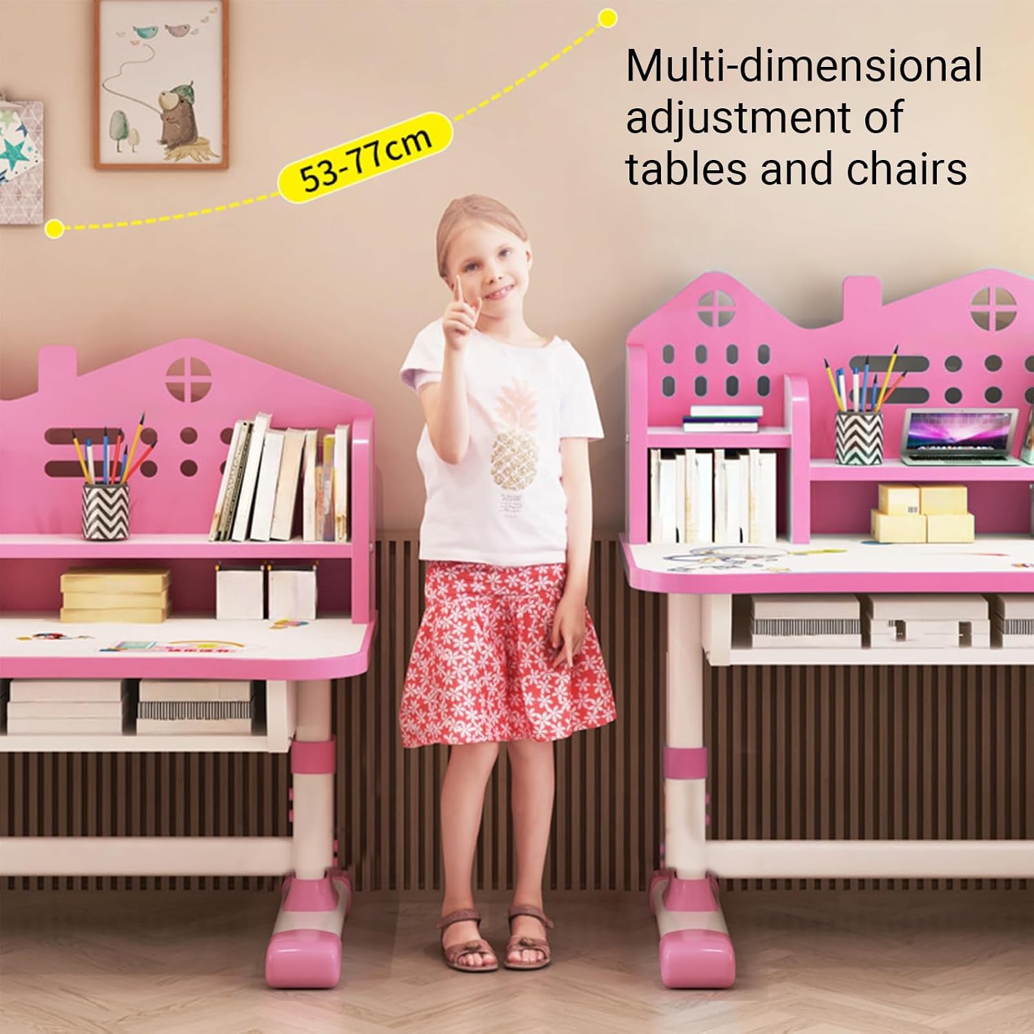 Kids Functional Desk and Chair Set, Ergonomic Height Adjustable Children School Study Desk with Bookstand Widened, Study Table Storage Drawer for Boys Girls(Pink) Pink