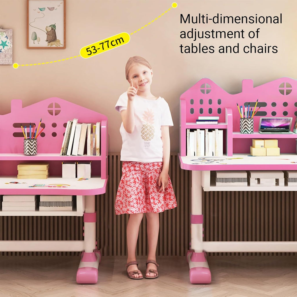 2-Piece Kids Adjustable Study Desk & Seat Set, Cartoon Print Widened Desktop with Storage Drawer Metal Frame for Homeschool Bedroom Playroom Pink