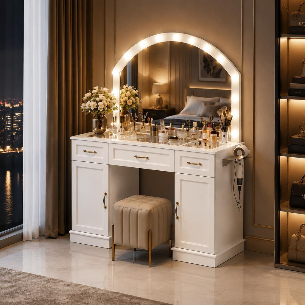 Vanity Table with Mirror and Lights, 55" Large LED Makeup Mirror with 3 Color Modes, Modern Dressing Table with Drawers and Cabinets, HD Glass Top Beauty Desk for Bedroom, Gift for Women