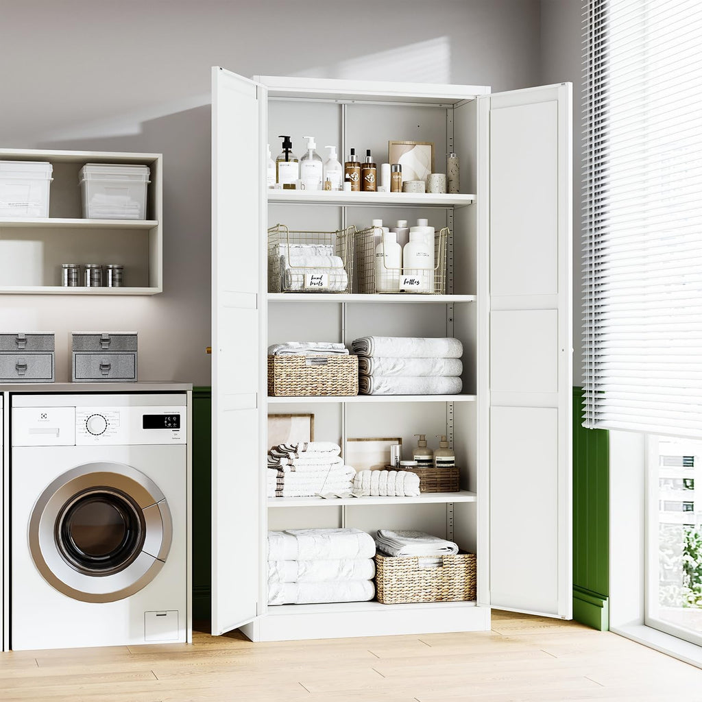 Letaya White Storage Cabinet with Adjustable Shelves-Metal Home Kitchen Pantry Cabinets with Doors,Organization Locker for Cupboard/Bedroom/Dining/Living/Bathroom/Office/Garage Room