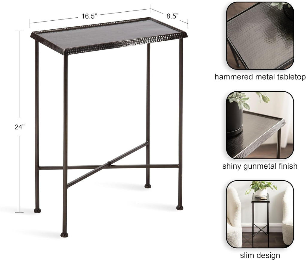 Kate and Laurel Sanzo Modern Metal Skinny Side Table, 17 x 9 x 24, Gunmetal, Rectangular Slim Bedroom Nightstand with Hammered Tabletop for Use as Bedside Accent or Narrow Living Room End Table