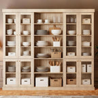 70.8" Tall Farmhouse Modular Kitchen Pantry Cabinet with Glass Doors, Wooden Storage Hutch with 6-Tier Adjustable Shelves, Set of 3, Brown