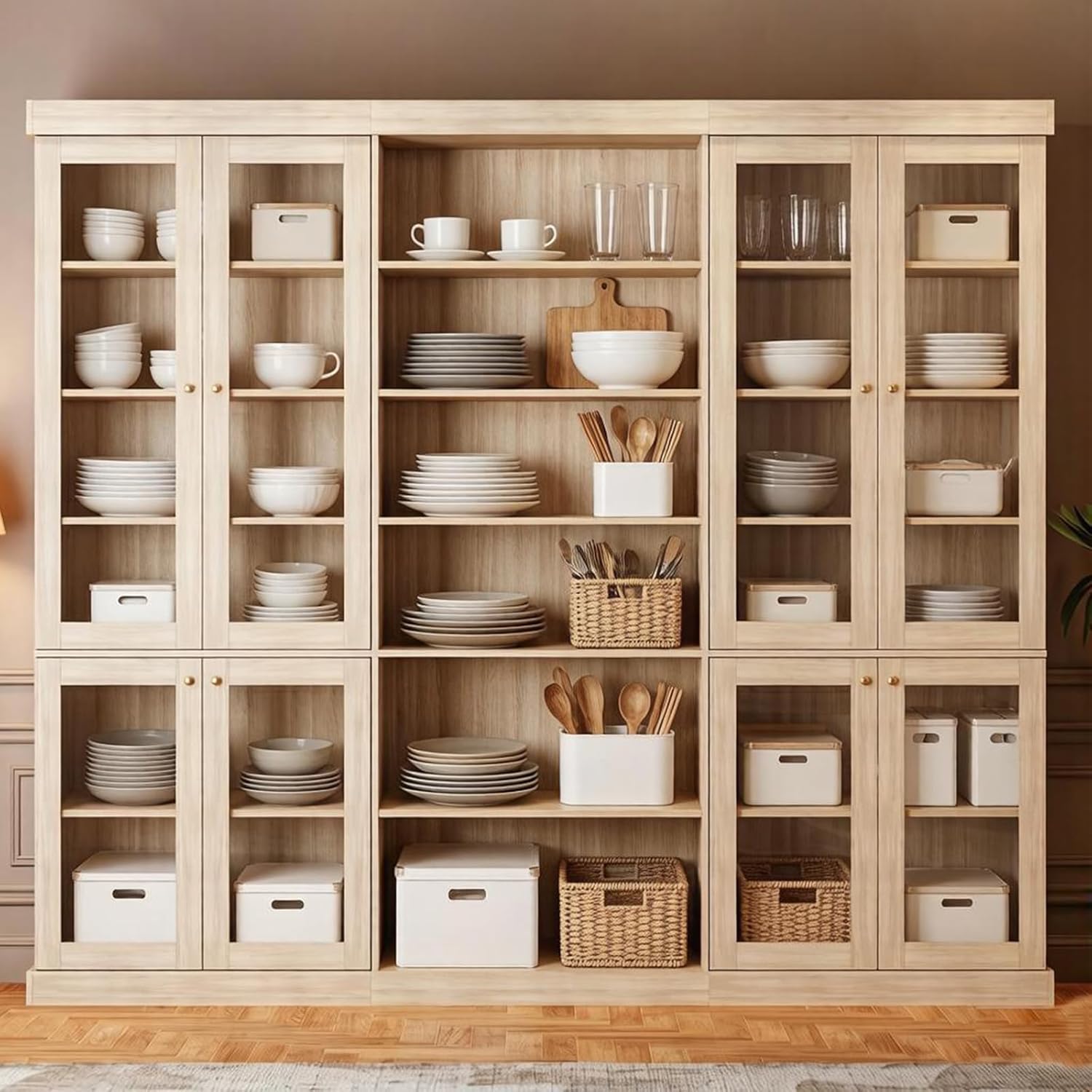 70.8" Tall Farmhouse Modular Kitchen Pantry Cabinet with Glass Doors, Wooden Storage Hutch with 6-Tier Adjustable Shelves, Set of 3, Brown