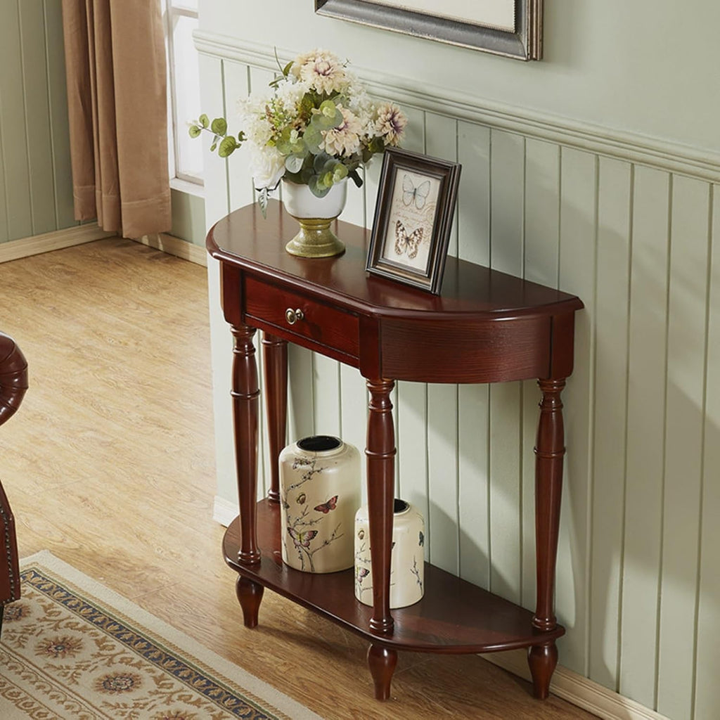 Half Moon Console Table, Solid Wood Console Tables with Drawer and Shelf, for Living Room, Hallway, Foyer, Entrance(35.4 * 11.8 * 31.5in)