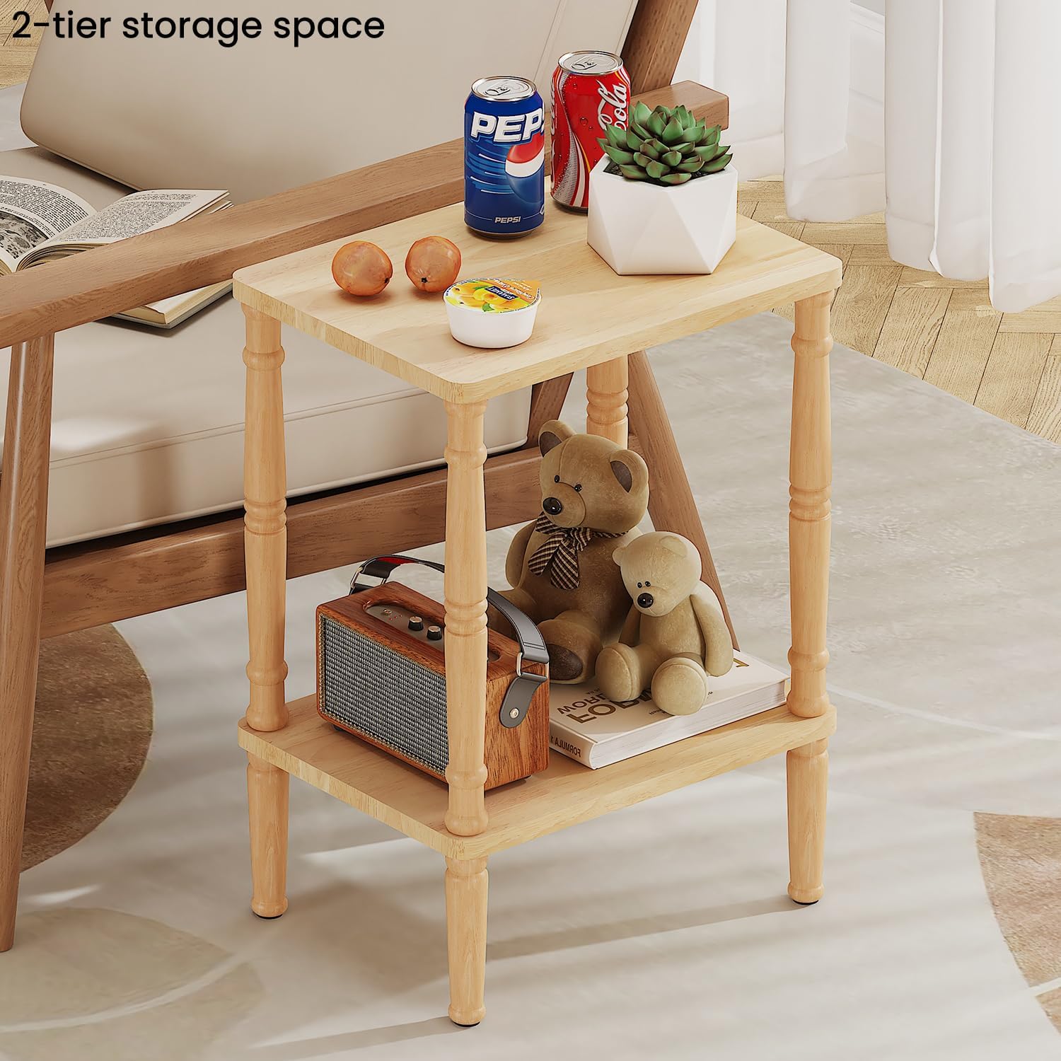LUCKNOCK Solid Wood Side Table, Small Vintage End Table, Narrow Couch Side Table with Storage, Skinny Nightstand Bedside Table for Small Spaces, Bedroom, Living Room, Farmhouse, No-Tool Assembly.